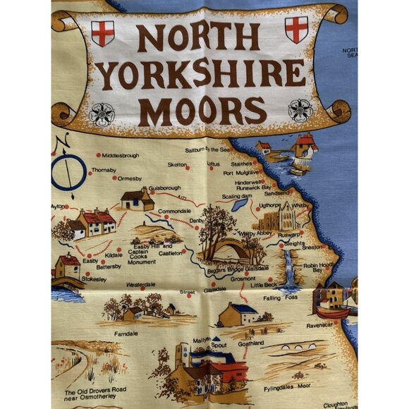Vintage Clive Mayor Yorkshire Made in Britain Tea Towel Blue Souvenir Map Cotton - Picture 6 of 8